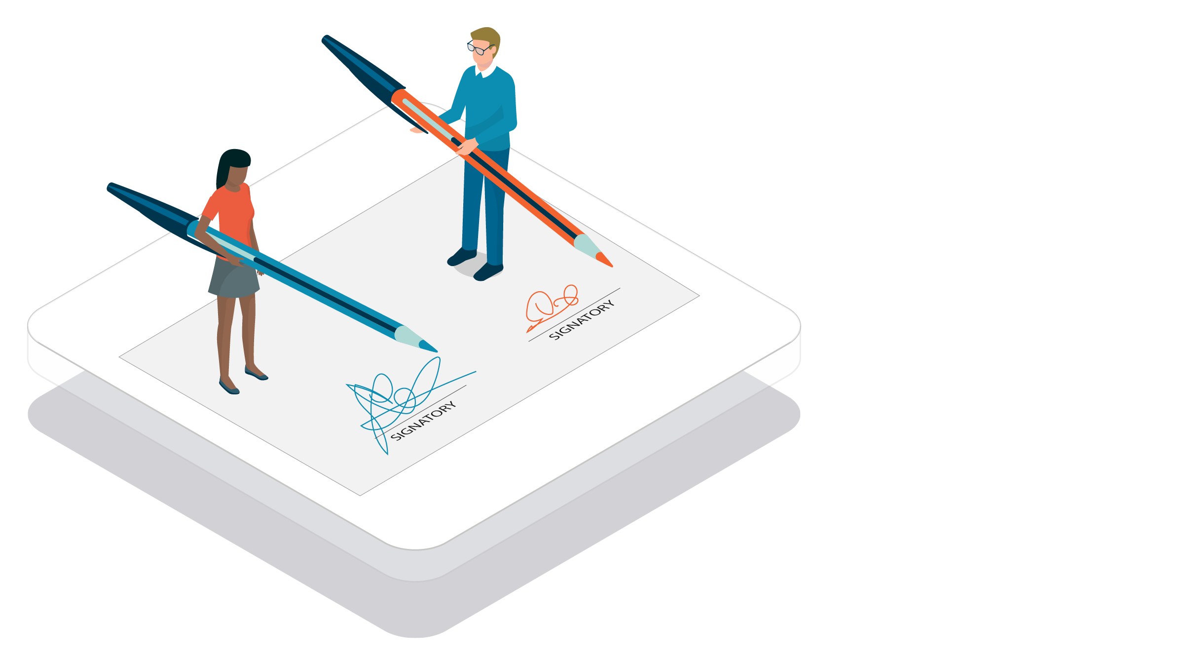 illustration of two miniature people holding giant pens, having just signed the space they're standing on